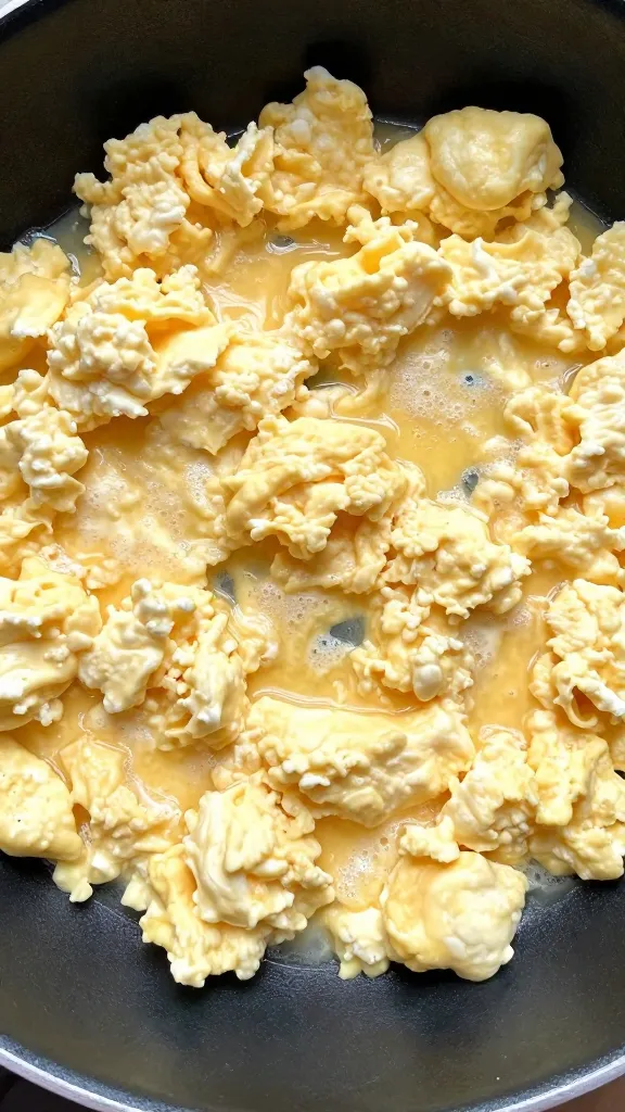 fluffy cottage cheese scrambled eggs in skillet, close-up