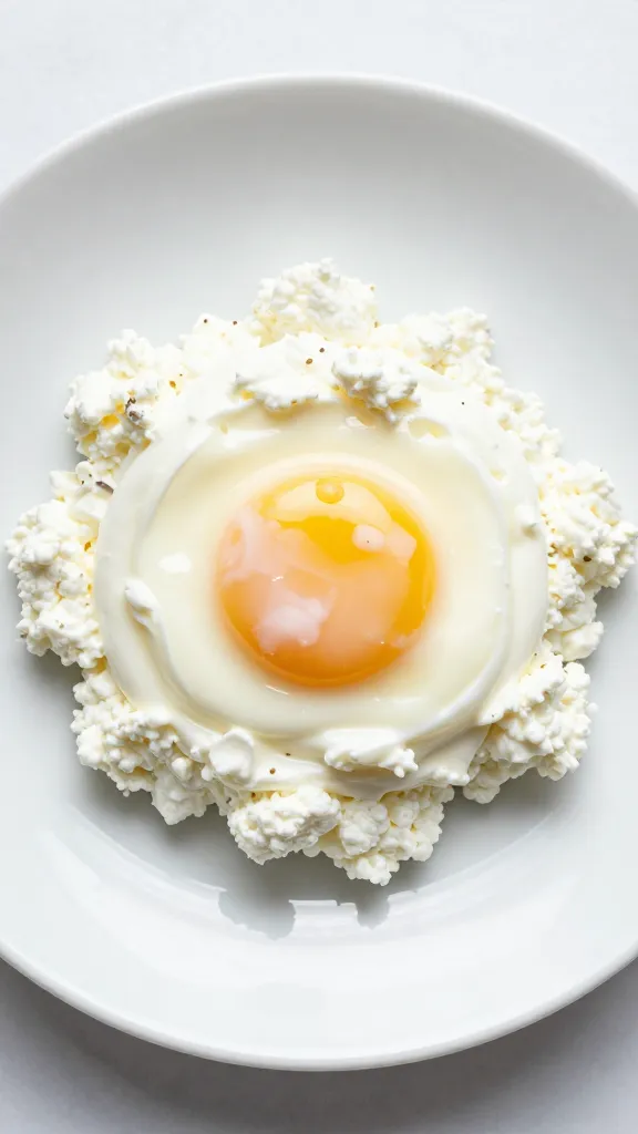 creamy eggs with cottage cheese, white ceramic plate