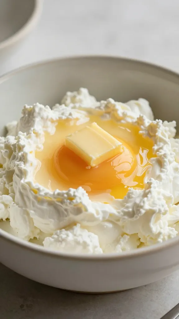 shot of cottage cheese eggs with butter, soft morning light