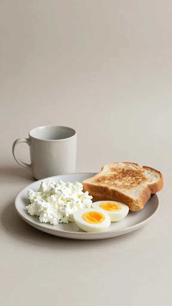 minimalist breakfast setup: cottage cheese eggs, toast, mug, neutral background