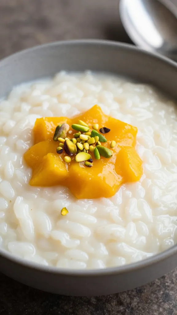 Creamy rice pudding with mango puree and pistachio garnish