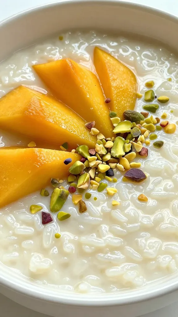 Close-up bowl of rice pudding, mango wedges, crushed pistachios