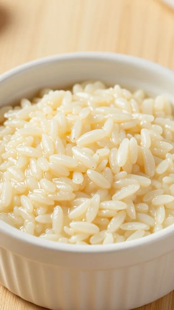 Warm-hued dessert shot: rice pudding in white ceramic bowl