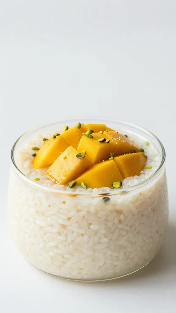 Mango pistachio-topped rice pudding, soft lighting, minimal backdrop