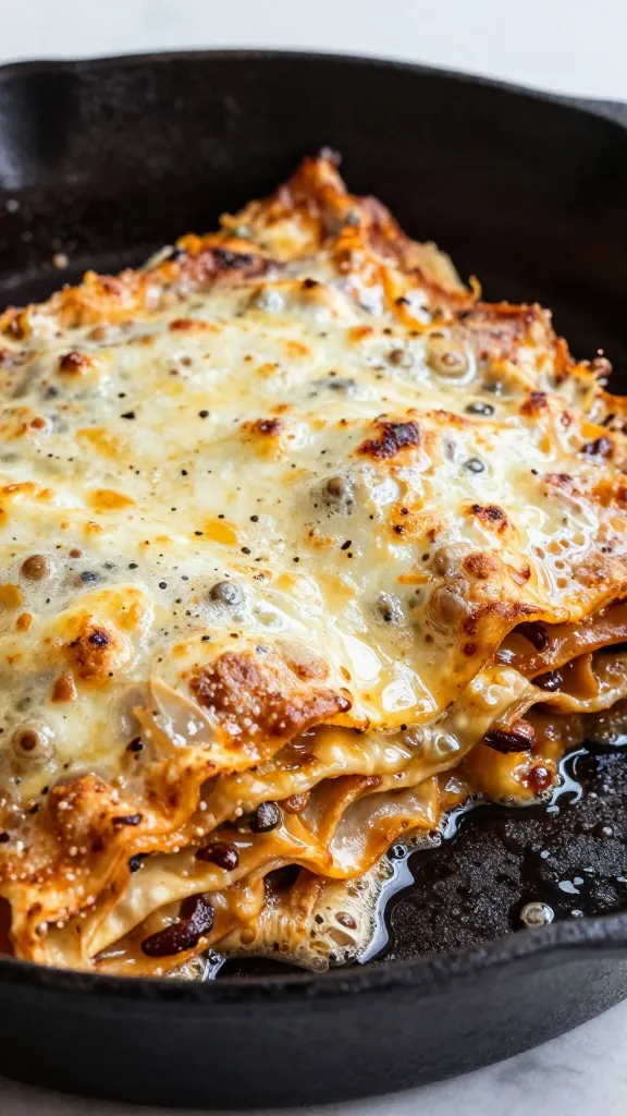 Gluten-free skillet lasagna bubbling in cast iron