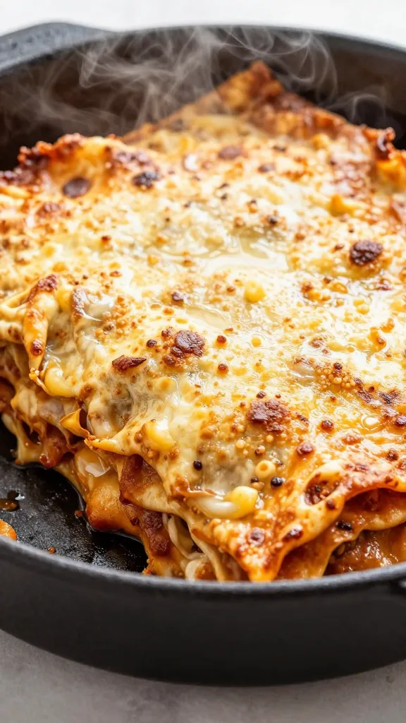 Steaming skillet lasagna with crisp edge corners