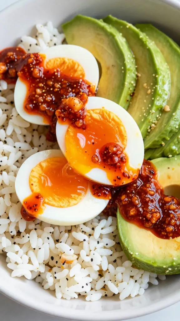 Spicy Sriracha Egg & Avocado Rice Bowl close-up
