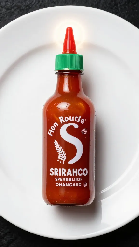 White plate, bright lighting, sriracha drizzle halo