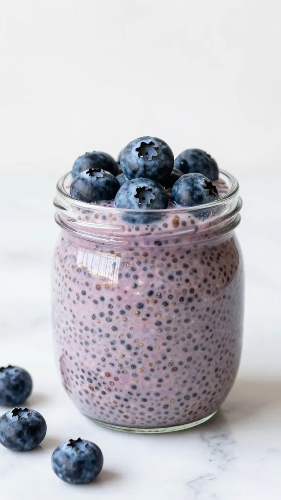 Blueberry chia pudding in glass jar on marble countertop