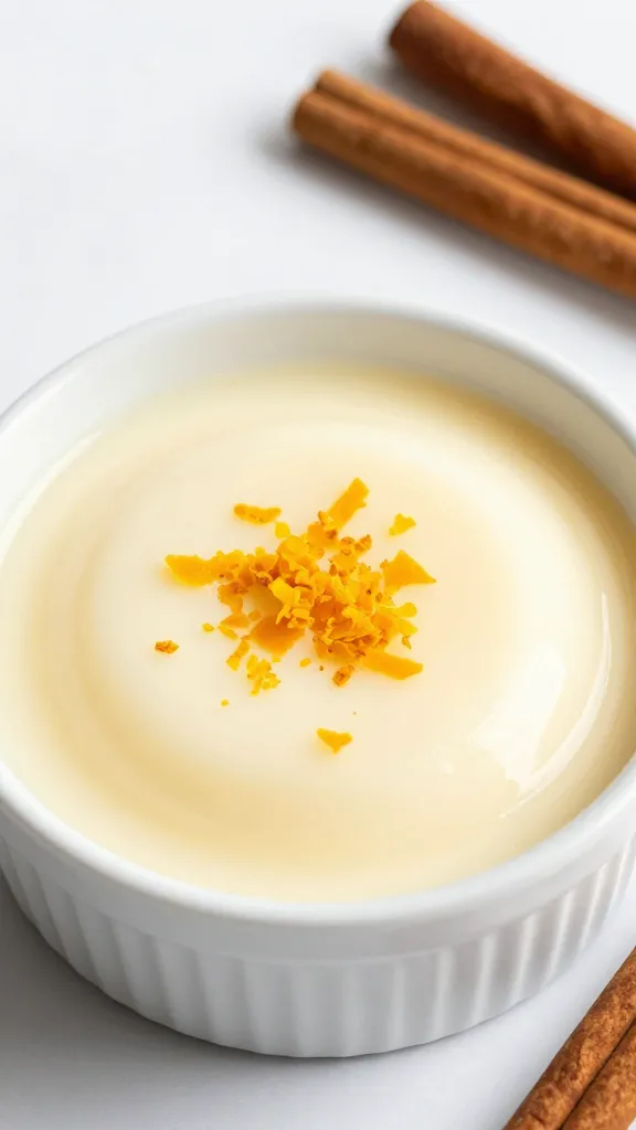 White bowl of pudding with citrus zest and cinnamon sticks
