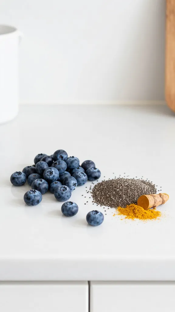 Minimal kitchen scene with blueberries, chia, turmeric on counter