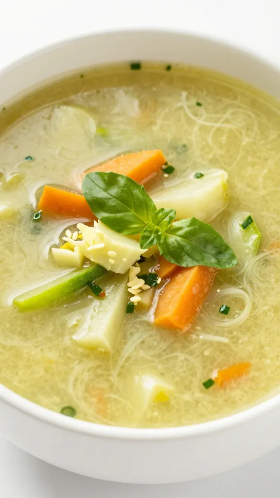 Bright summer vegetable soup in white ceramic bowl