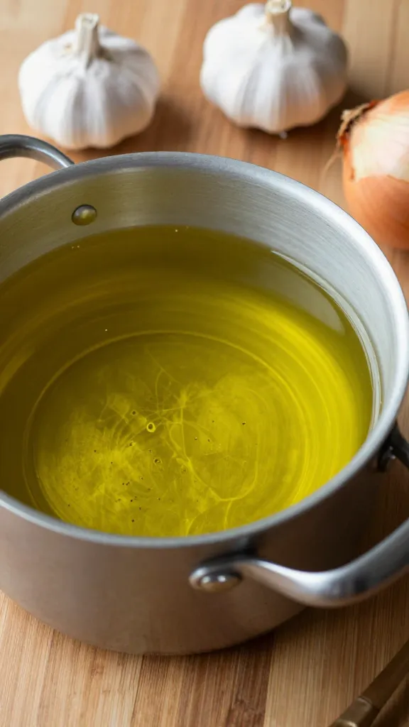Soup pot with olive oil, garlic, onion aromatics on wooden table