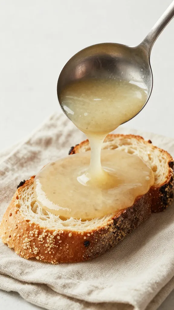 Pour-shot: ladle of soup over rustic bread slice on linen