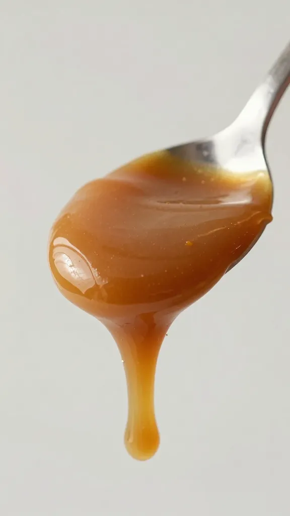 glossy sugar-free salted caramel sauce on spoon