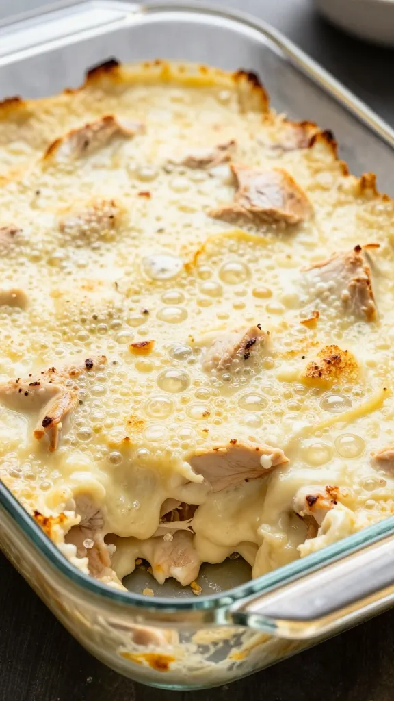 Creamy chicken casserole bubbling in a glass baking dish