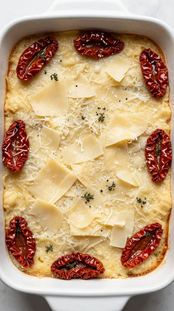 Top-down shot of parmesan-topped casserole with sun-dried tomatoes