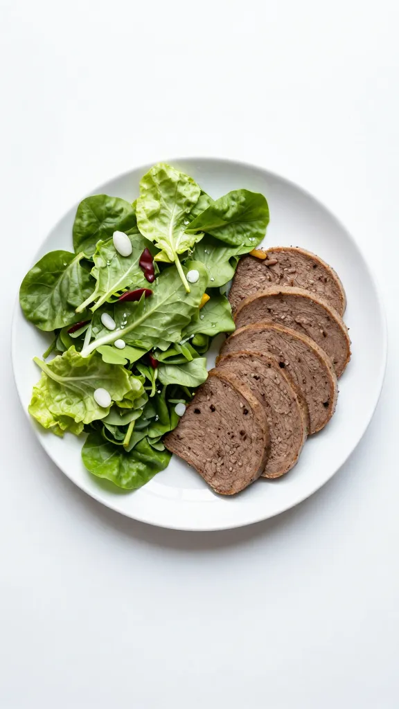 Keto-friendly dinner plate served with green salad, bright lighting
