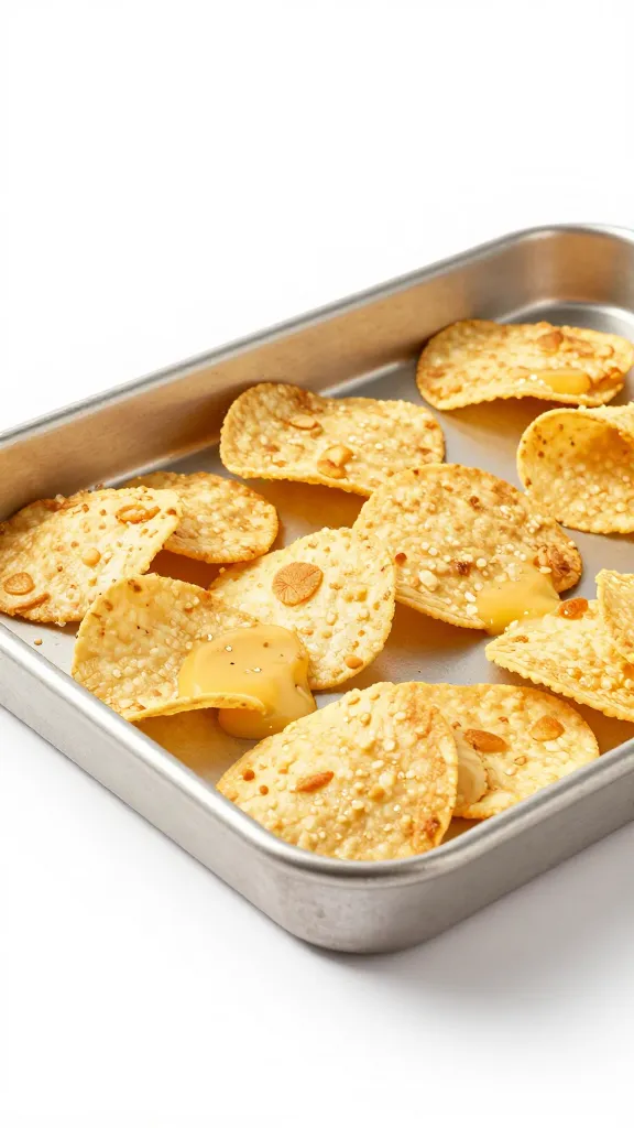 baking tray with chips melting gently, clean studio lighting
