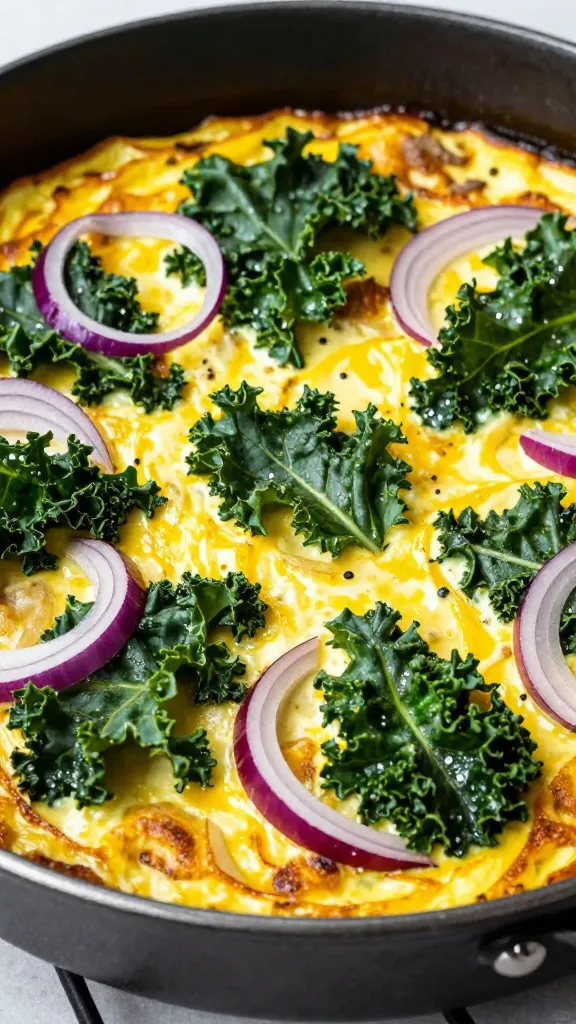 Frittata in pan with kale and red onion slices