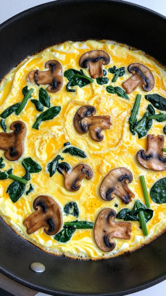 Sizzling spinach mushroom egg white omelette in skillet