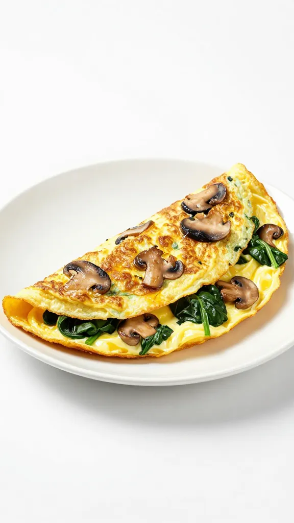 Studio shot: plate of spinach-mushroom egg white omelette