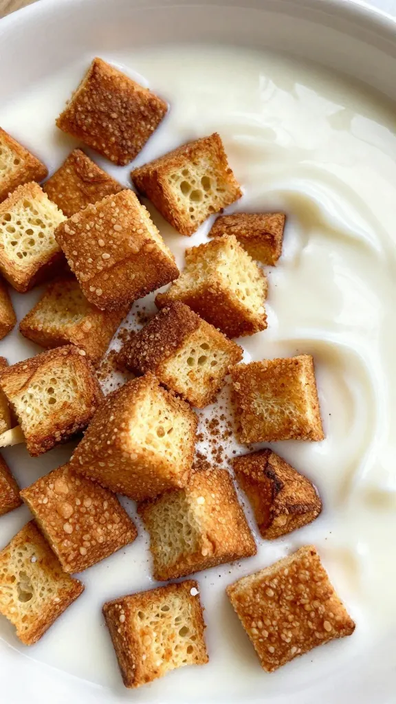 Crispy cinnamon toast bits on yogurt bowl, close-up