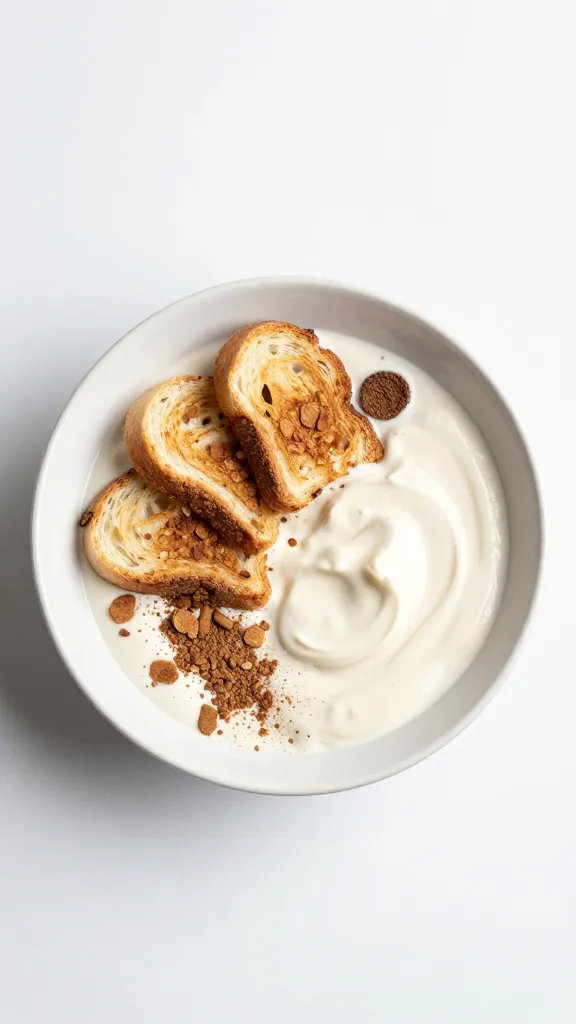 Whey protein bowl with cinnamon toast shards, minimalist plate