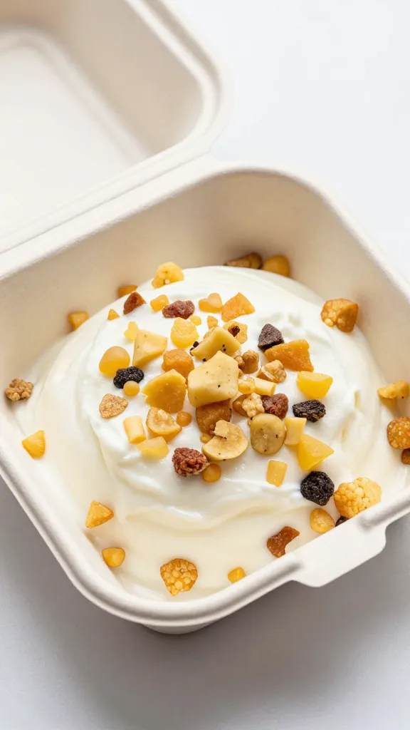 Travel-friendly yogurt bowl in takeout container, crisp bits visible