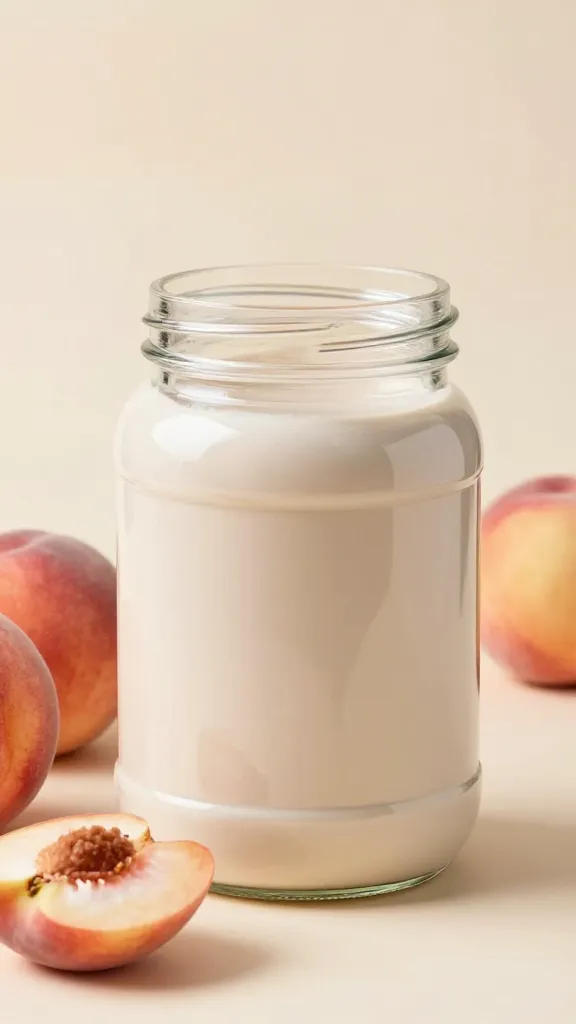 Side view: glass jar of protein powder beside peach cups