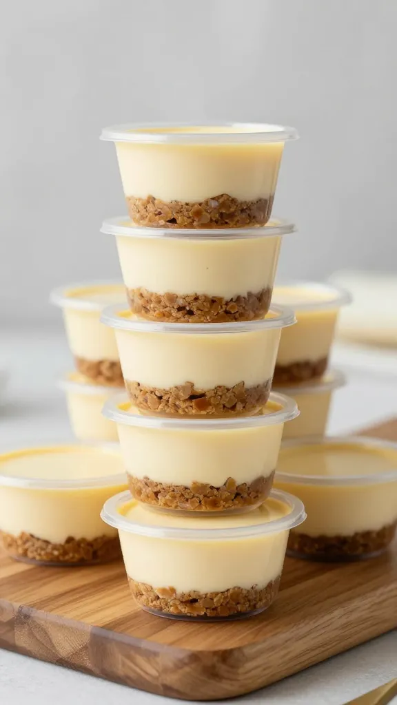 Stack of bite-sized cheesecake cups on wooden board