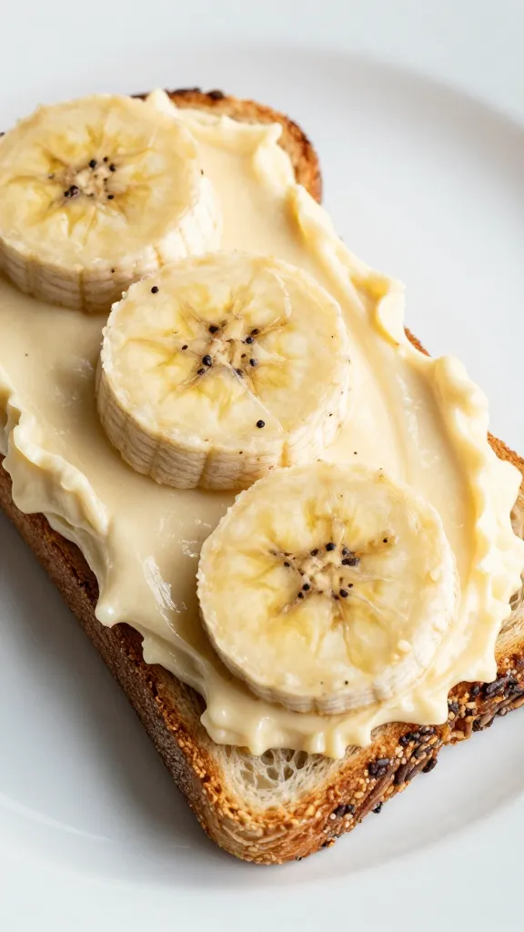 Gluten-free banana mascarpone toast close-up on white plate