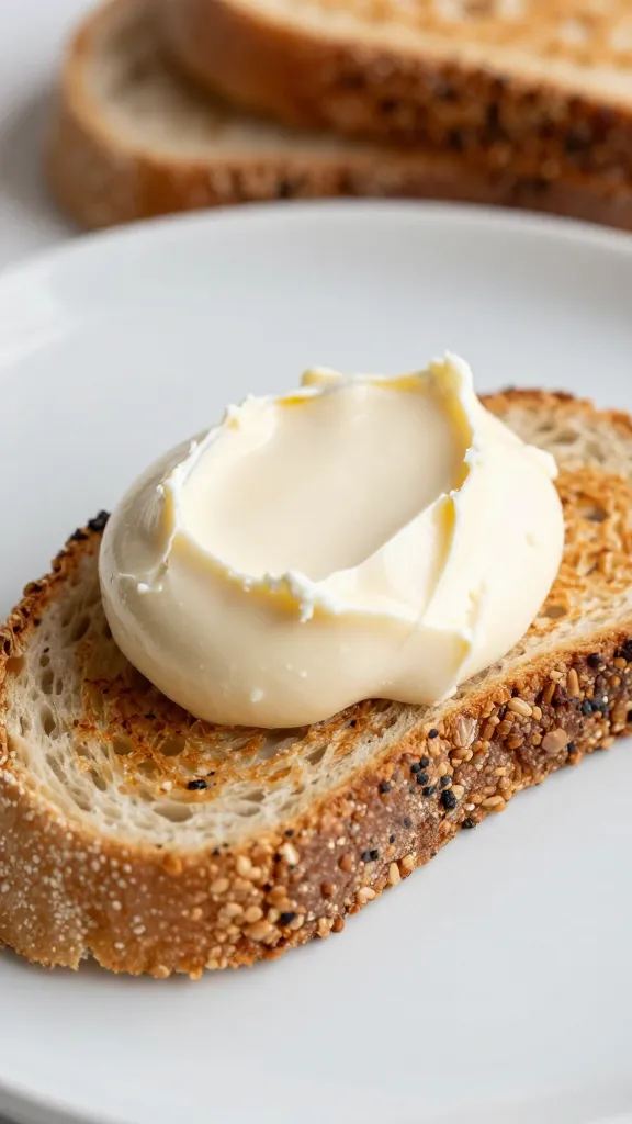 Mascarpone swoon dollop on toasted gluten-free bread slice