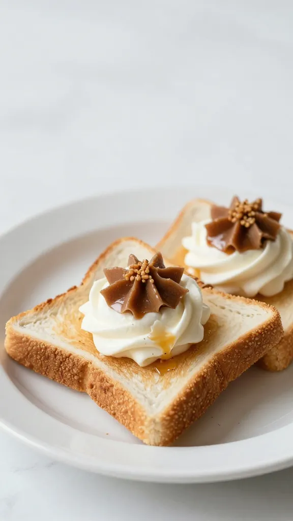 Breakfast-dessert setting: toasts, white plate, soft natural light