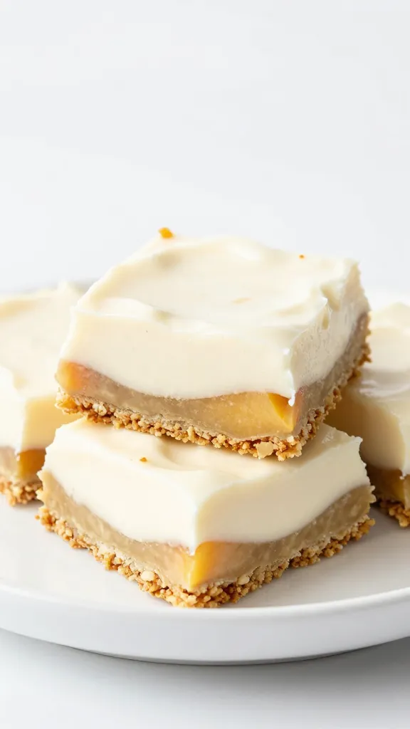Gluten-free peach cream pie yogurt bars on a white plate