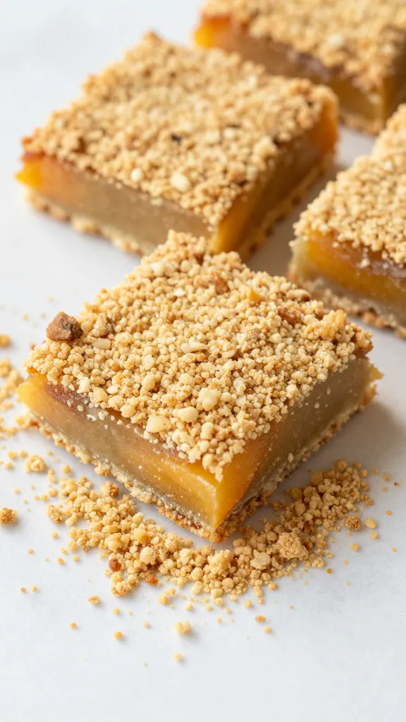 Rustic gluten-free crust crumbs beside peach bars