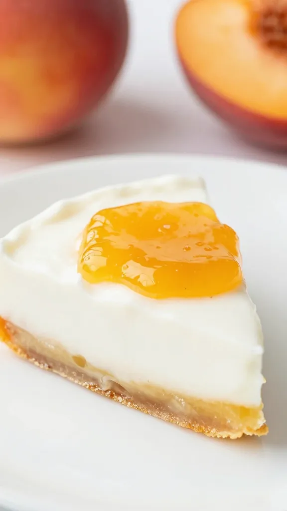 Slice of peach yogurt bar with glossy peach puree garnish