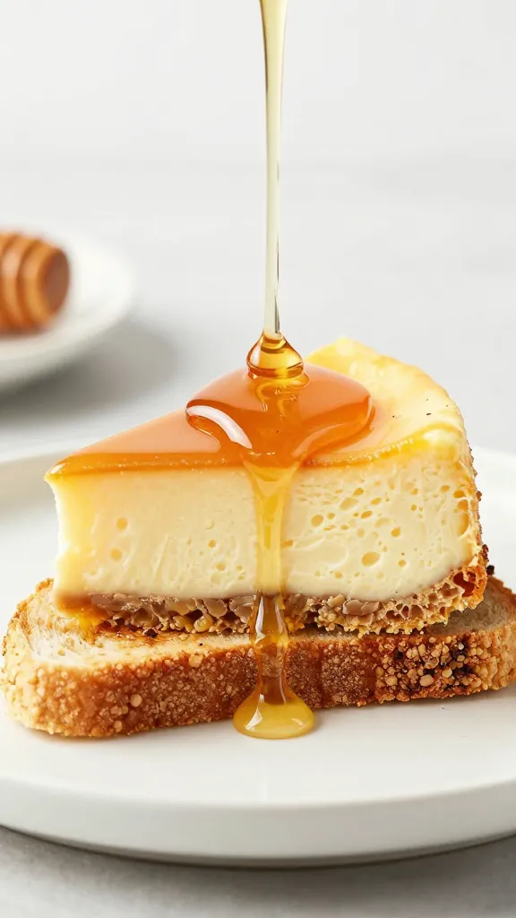 Honey drizzle over airy cheesecake on toasted gluten-free bread