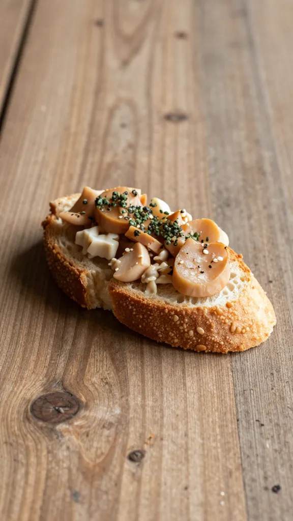 Rustic wood table, single toasts with golden crust and toppings
