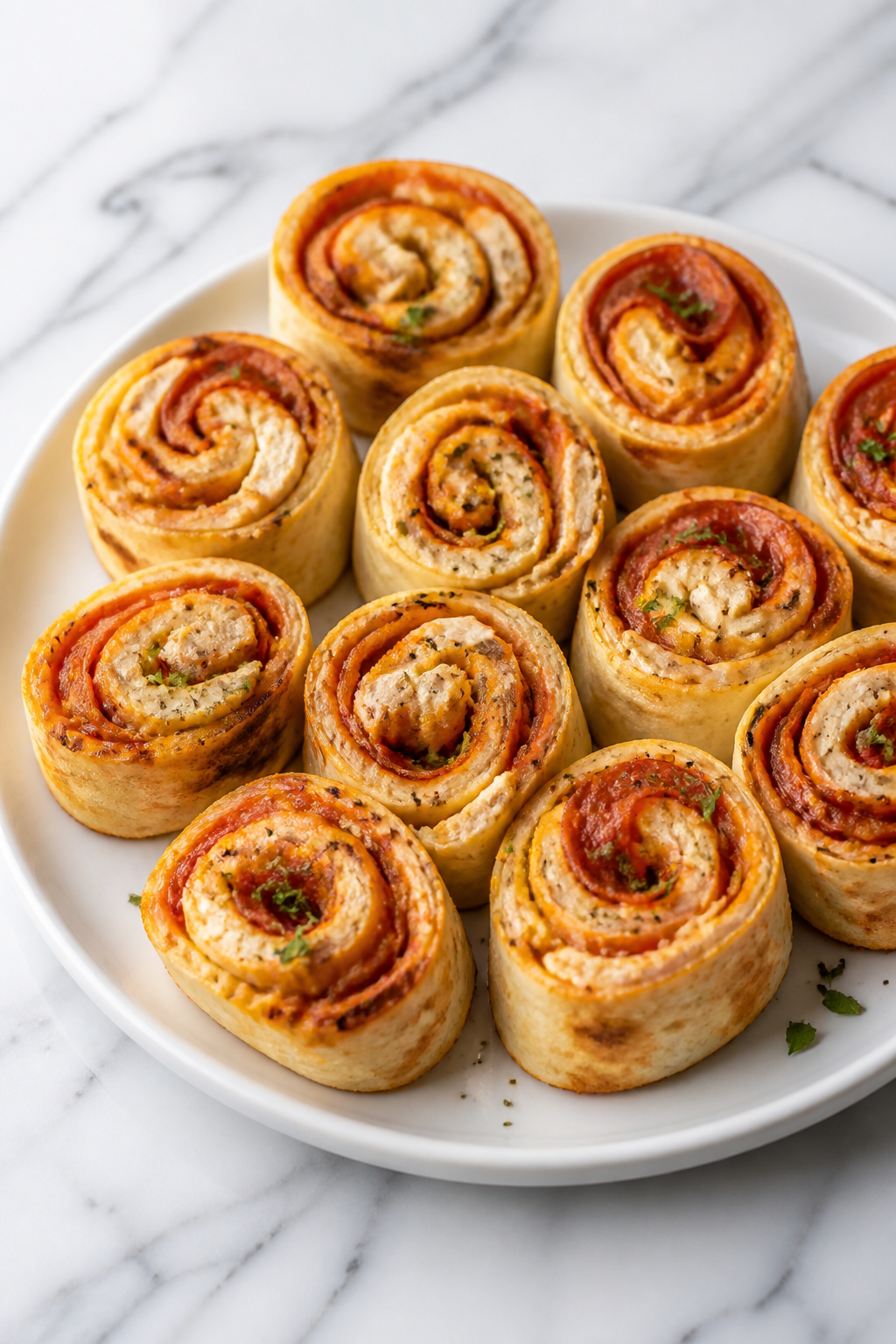 Plate of high-protein pizza roll-up bites on white marble