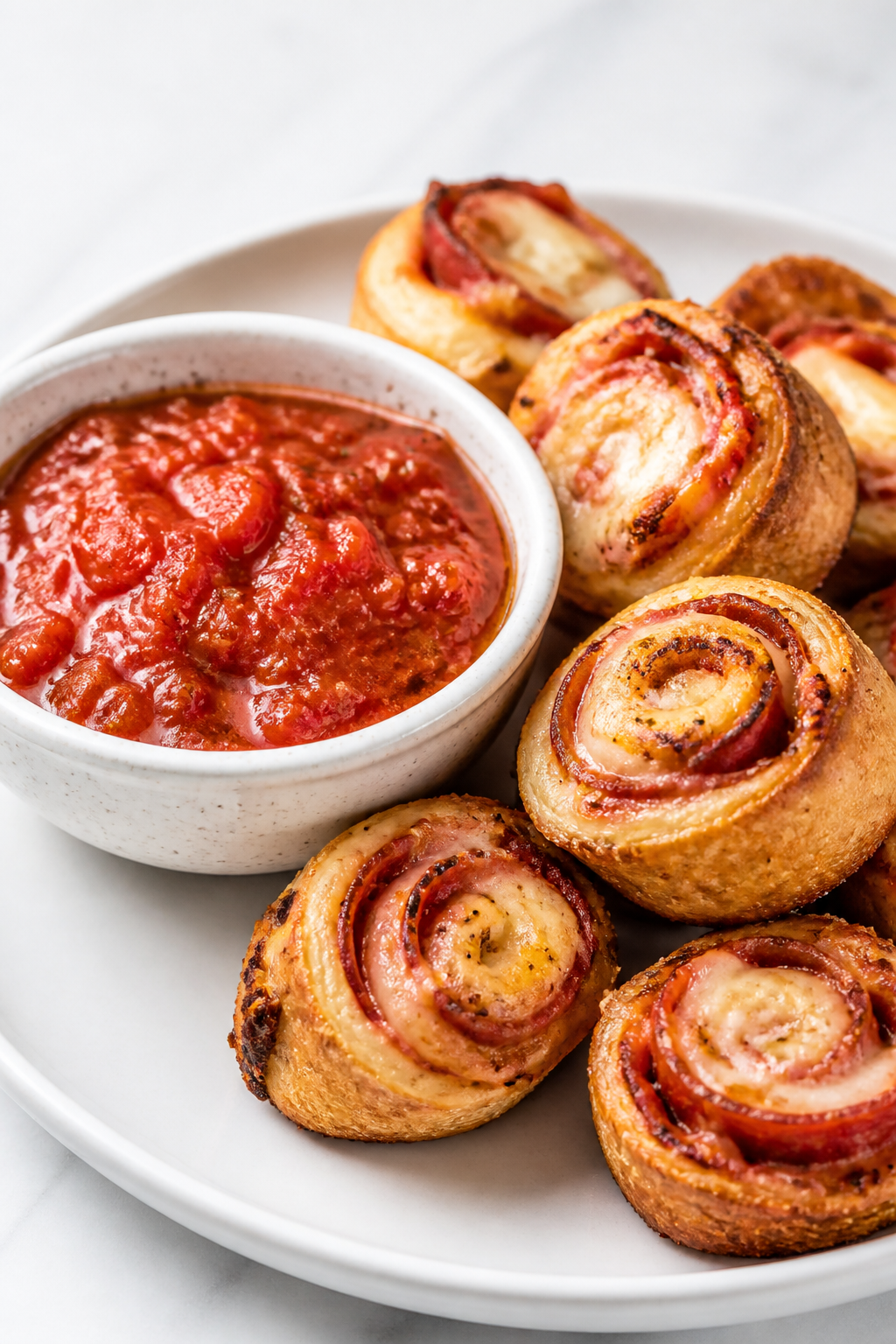 Zesty dipping bowl with marinara beside rolled bites, studio light