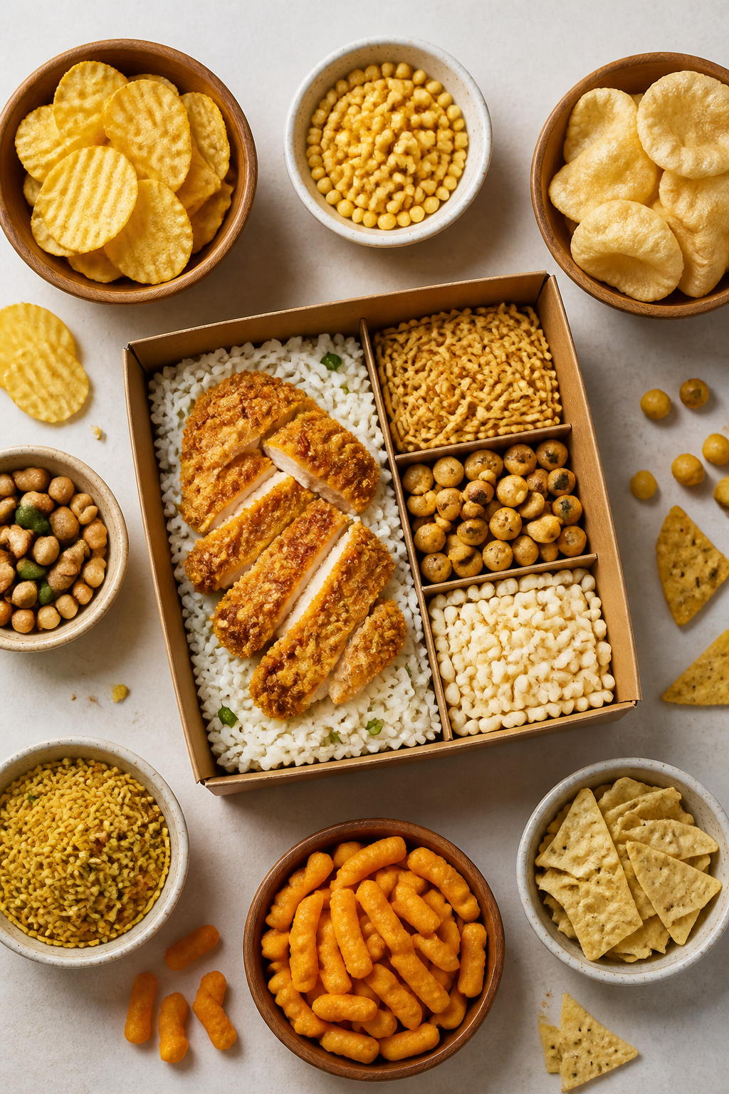 Crunchy snack components arranged around a boxed meal