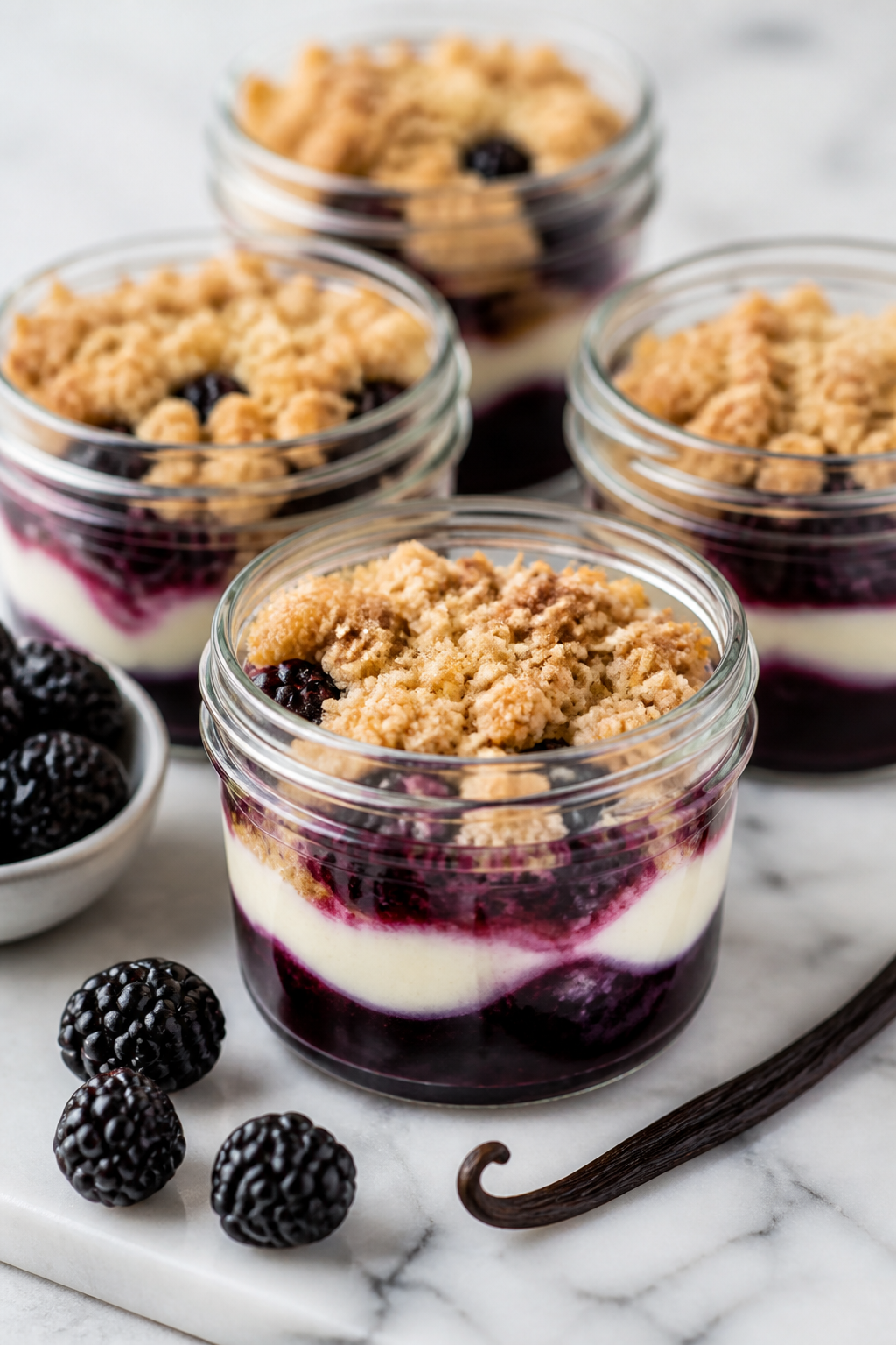 Gluten-free blackberry vanilla crumble jars on marble