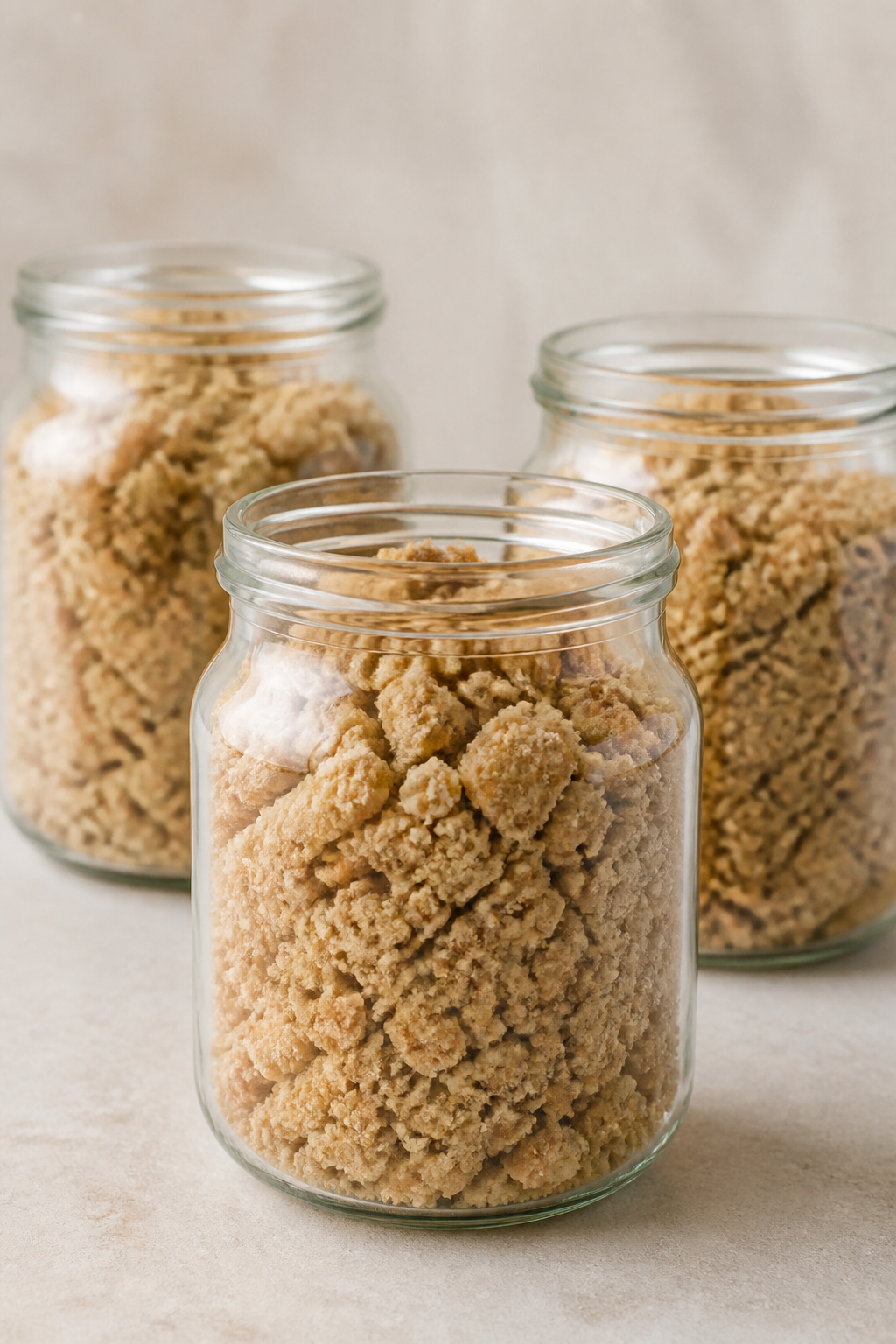 Glass jars filled with crumble, soft lighting, neutral background