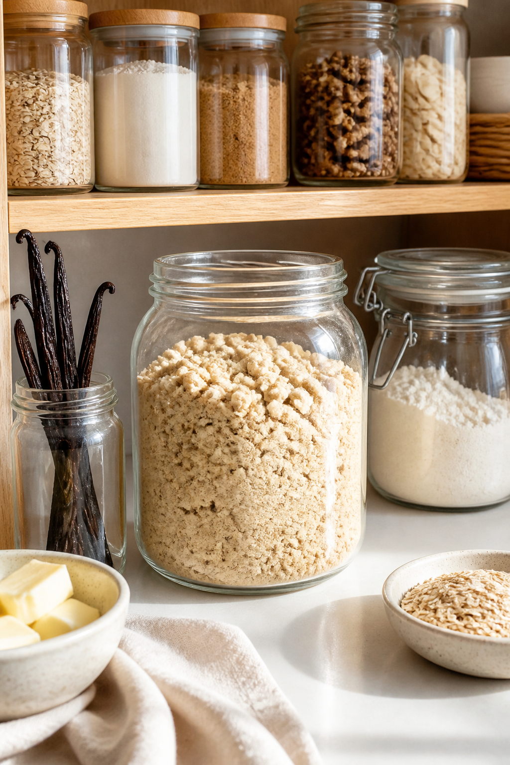 Pantry-bright scene: jars, vanilla bean, gluten-free crumble mix