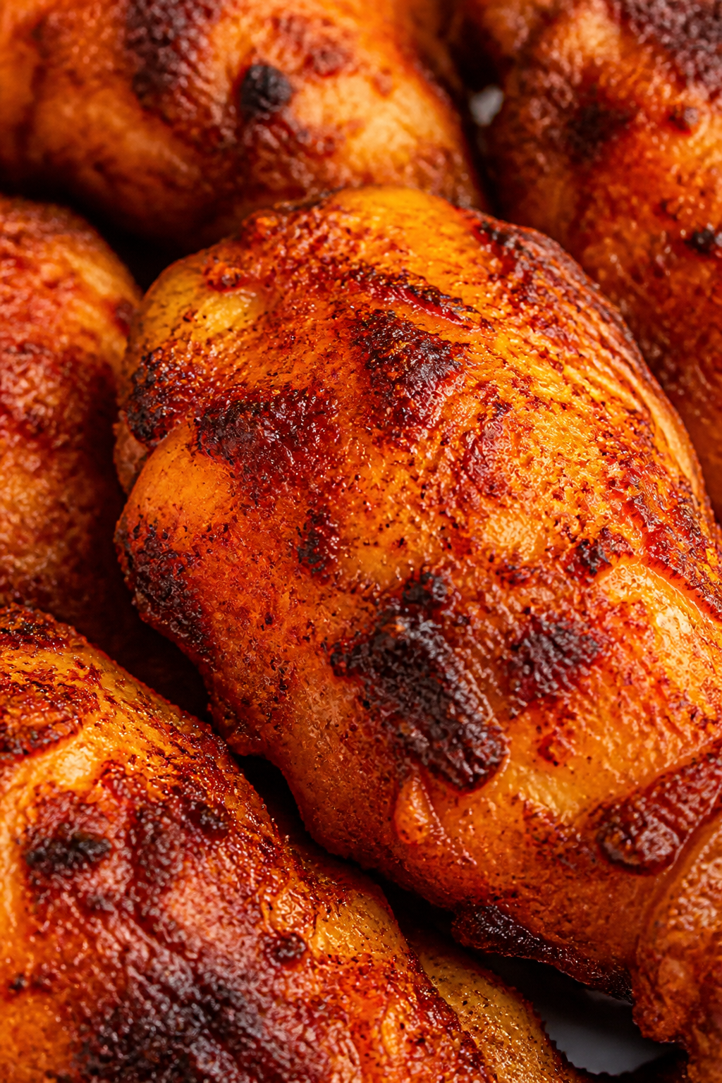 Close-up of crackly crusted chicken with red chili dust