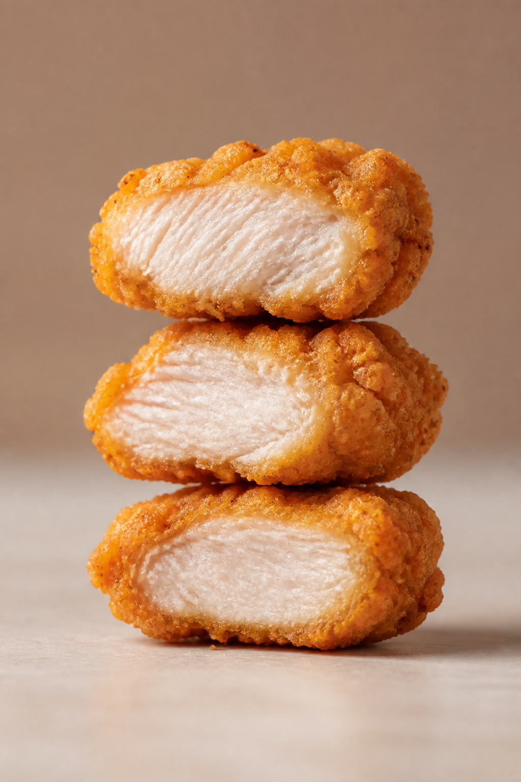 Side view of chicken bite textures, crisp coating visible
