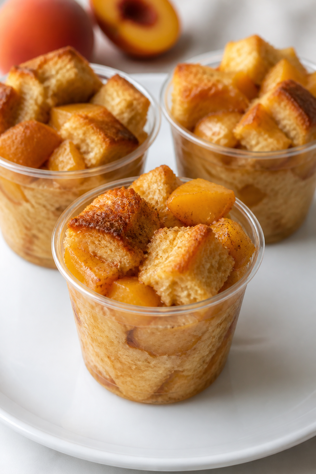 gluten-free peach bread pudding cups on white plate