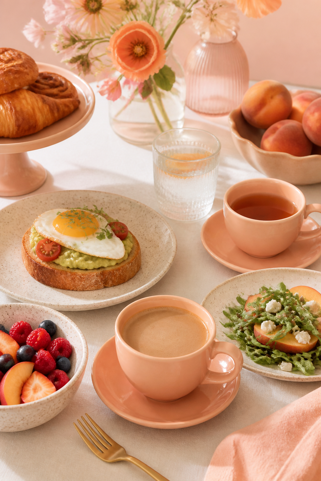 brunch setting with peach cups and light pastel background