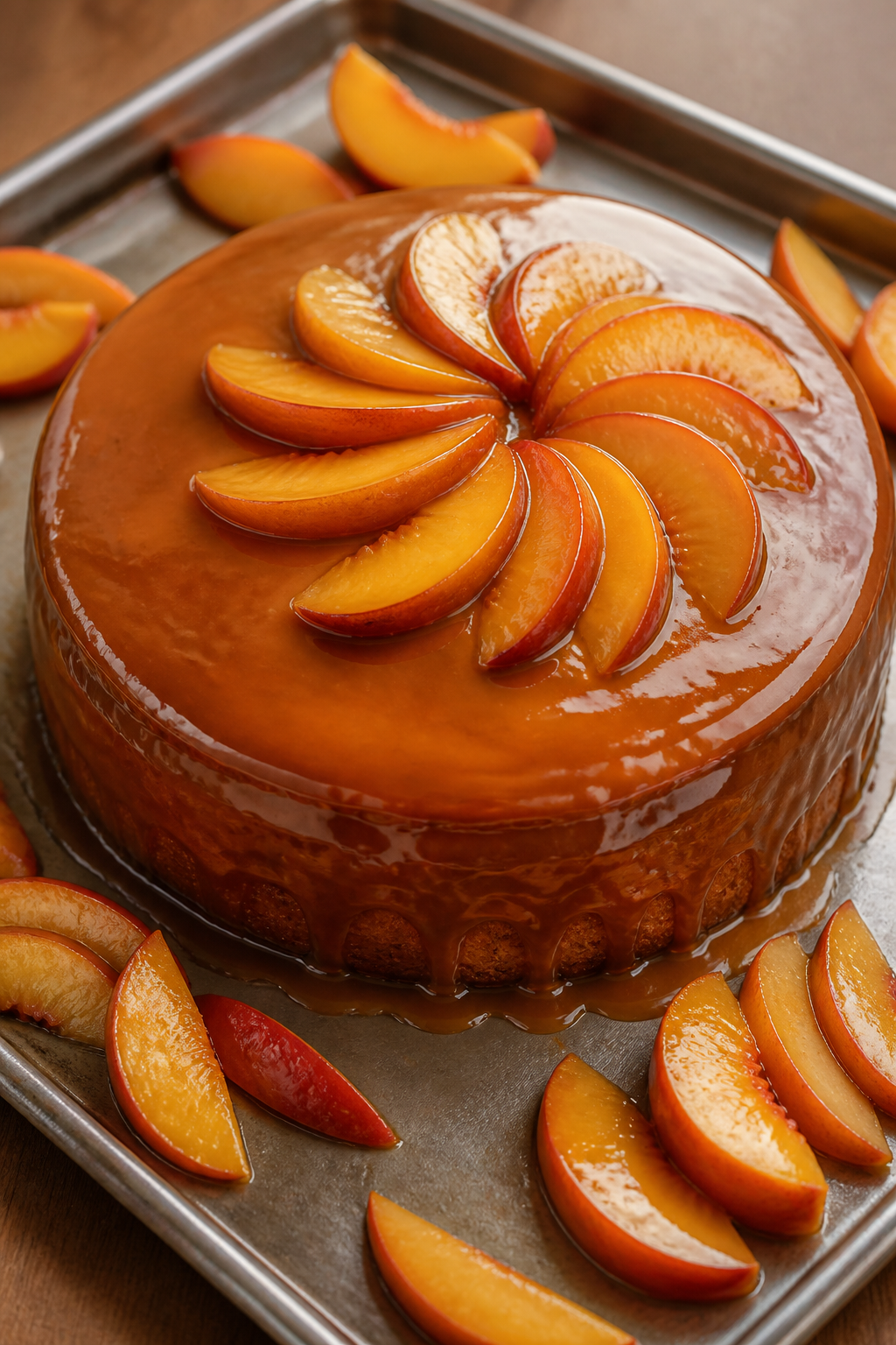 glossy caramel glaze and peach slices on tray